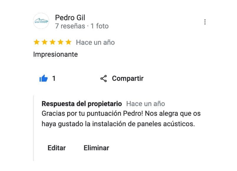 Una opinión de 5 estrellas sacada de nuestra página de Google